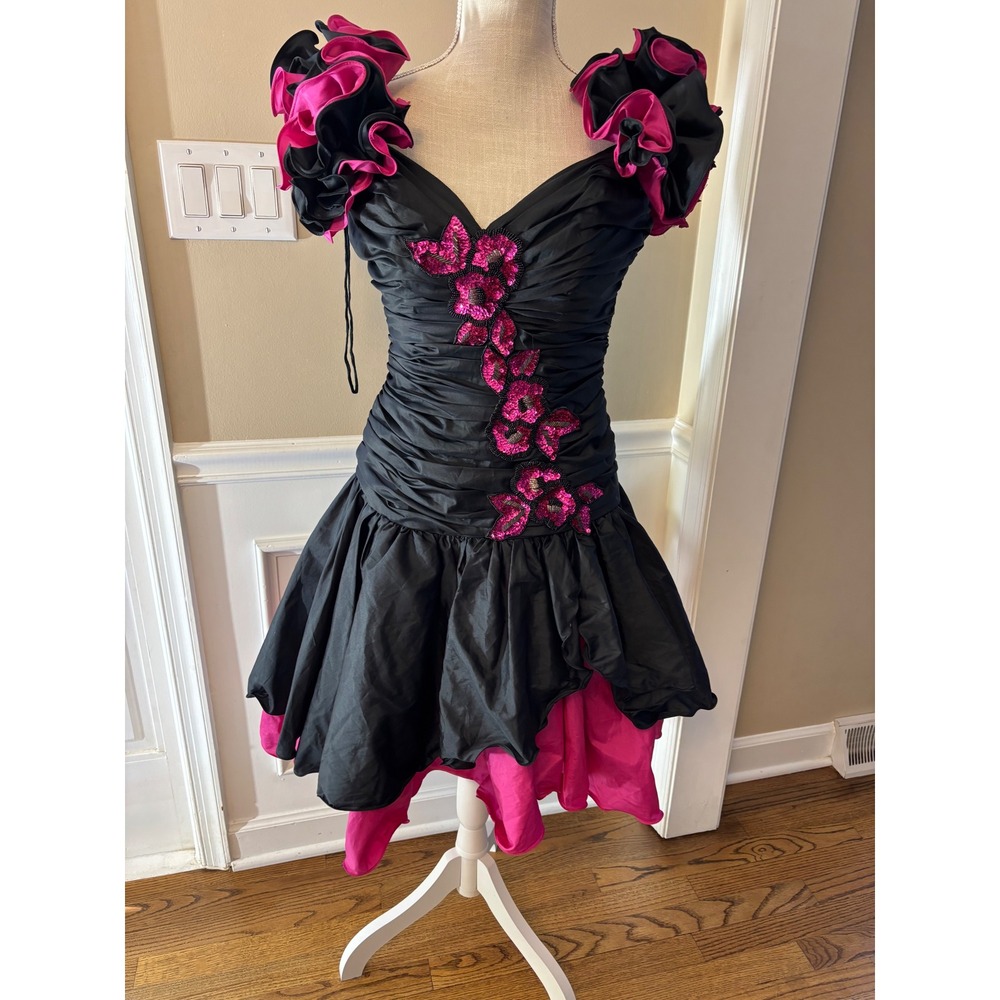 Vintage 80s Alyce Designs Prom Dress Black Pink Ruffle Sequin Floral Size 6